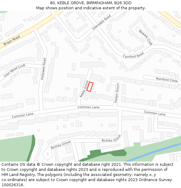 80, KEBLE GROVE, BIRMINGHAM, B26 3DD: Location map and indicative extent of plot