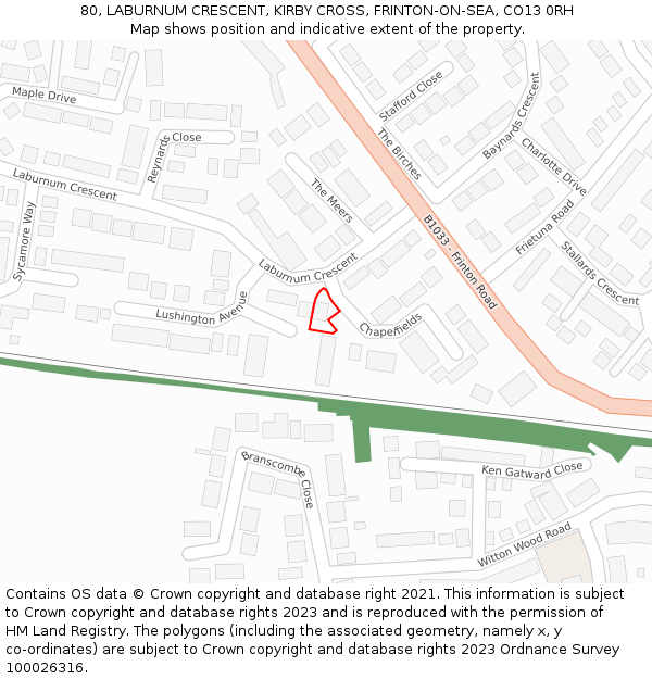 80, LABURNUM CRESCENT, KIRBY CROSS, FRINTON-ON-SEA, CO13 0RH: Location map and indicative extent of plot