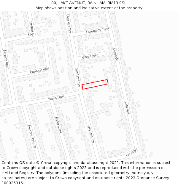 80, LAKE AVENUE, RAINHAM, RM13 9SH: Location map and indicative extent of plot