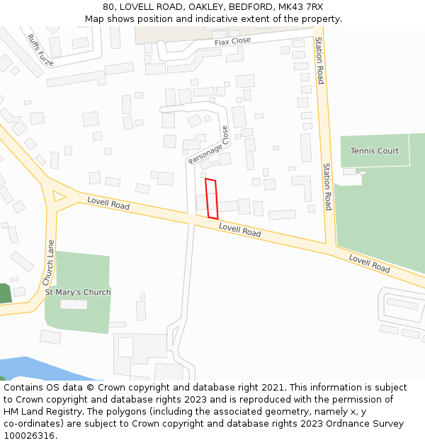 80, LOVELL ROAD, OAKLEY, BEDFORD, MK43 7RX: Location map and indicative extent of plot