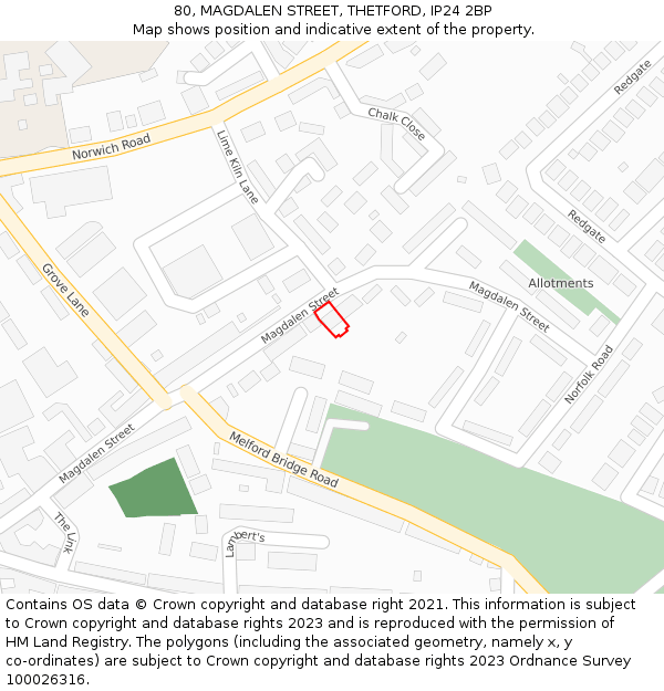 80, MAGDALEN STREET, THETFORD, IP24 2BP: Location map and indicative extent of plot