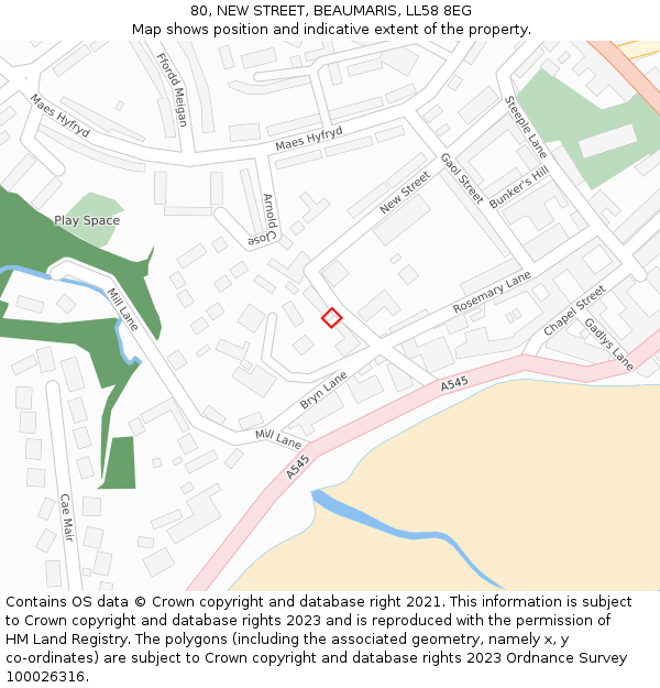 80, NEW STREET, BEAUMARIS, LL58 8EG: Location map and indicative extent of plot