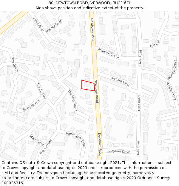 80, NEWTOWN ROAD, VERWOOD, BH31 6EL: Location map and indicative extent of plot