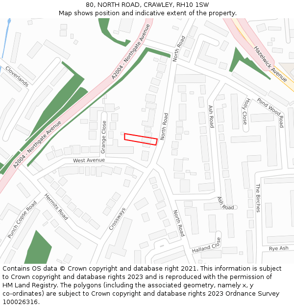 80, NORTH ROAD, CRAWLEY, RH10 1SW: Location map and indicative extent of plot