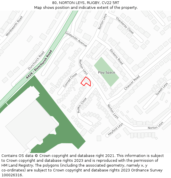 80, NORTON LEYS, RUGBY, CV22 5RT: Location map and indicative extent of plot