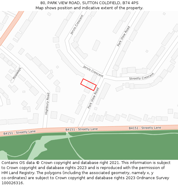 80, PARK VIEW ROAD, SUTTON COLDFIELD, B74 4PS: Location map and indicative extent of plot