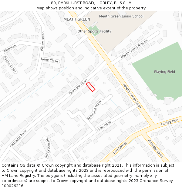 80, PARKHURST ROAD, HORLEY, RH6 8HA: Location map and indicative extent of plot
