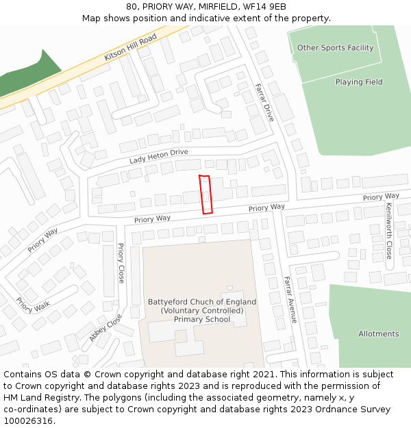 80, PRIORY WAY, MIRFIELD, WF14 9EB: Location map and indicative extent of plot