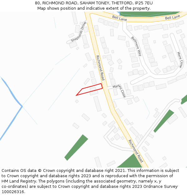 80, RICHMOND ROAD, SAHAM TONEY, THETFORD, IP25 7EU: Location map and indicative extent of plot