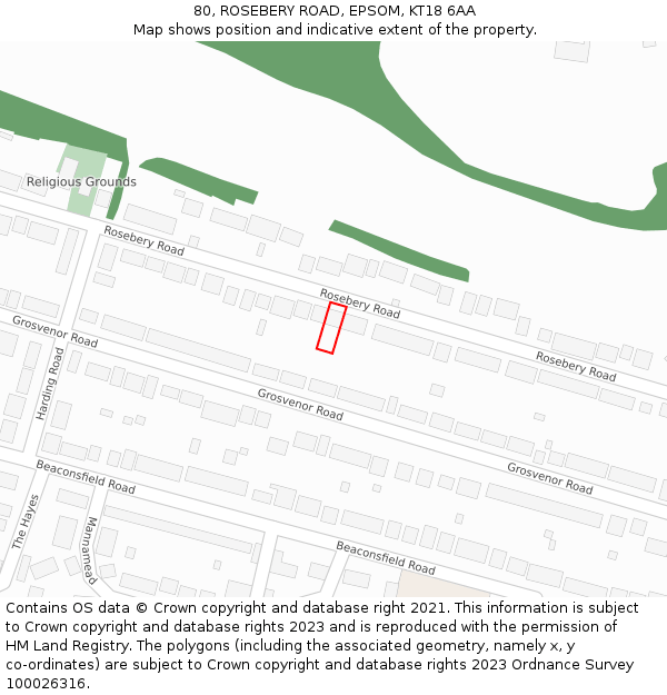 80, ROSEBERY ROAD, EPSOM, KT18 6AA: Location map and indicative extent of plot