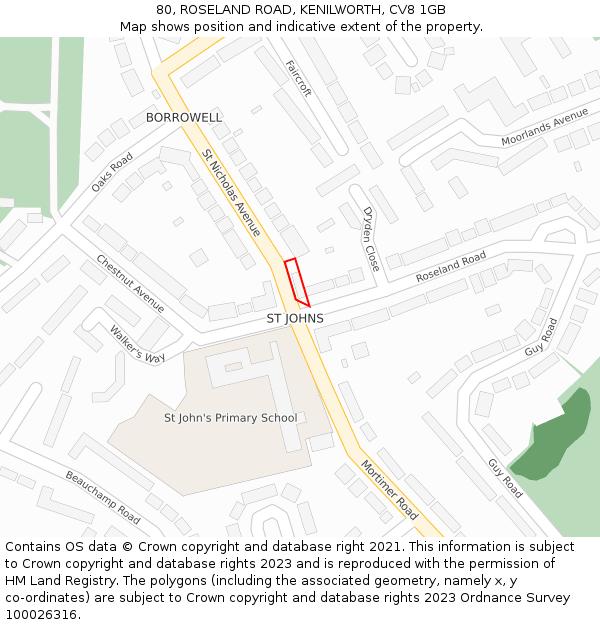 80, ROSELAND ROAD, KENILWORTH, CV8 1GB: Location map and indicative extent of plot