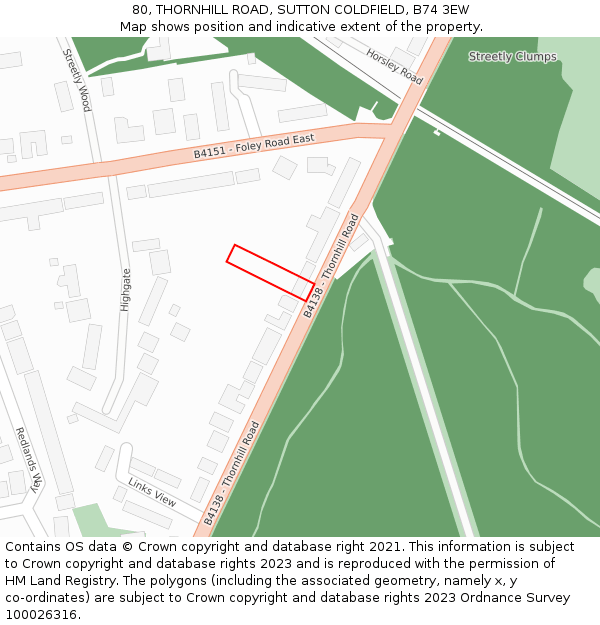 80, THORNHILL ROAD, SUTTON COLDFIELD, B74 3EW: Location map and indicative extent of plot