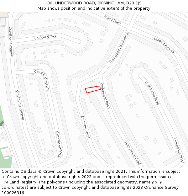 80, UNDERWOOD ROAD, BIRMINGHAM, B20 1JS: Location map and indicative extent of plot