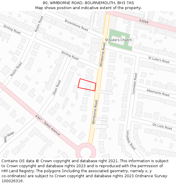 80, WIMBORNE ROAD, BOURNEMOUTH, BH3 7AS: Location map and indicative extent of plot