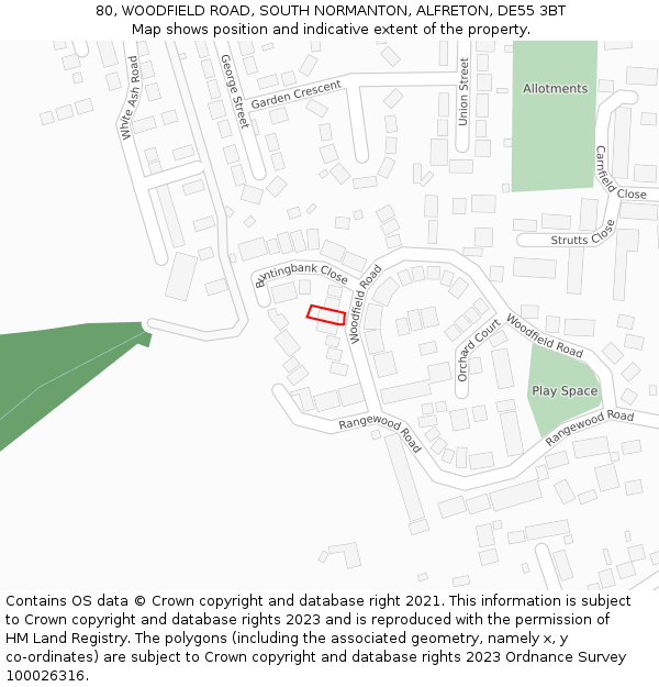 80, WOODFIELD ROAD, SOUTH NORMANTON, ALFRETON, DE55 3BT: Location map and indicative extent of plot