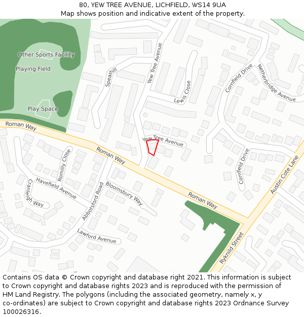80, YEW TREE AVENUE, LICHFIELD, WS14 9UA: Location map and indicative extent of plot