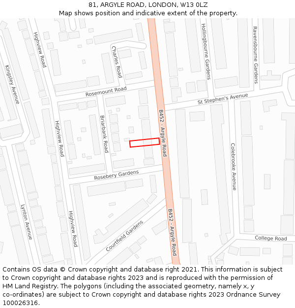 81, ARGYLE ROAD, LONDON, W13 0LZ: Location map and indicative extent of plot