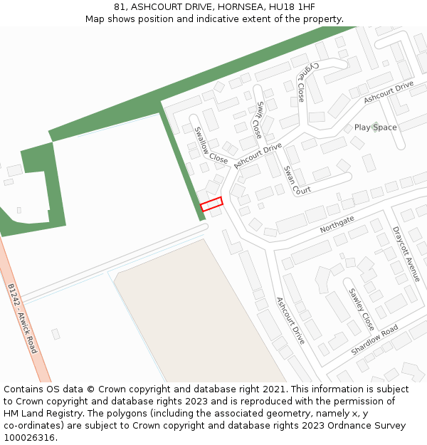 81, ASHCOURT DRIVE, HORNSEA, HU18 1HF: Location map and indicative extent of plot
