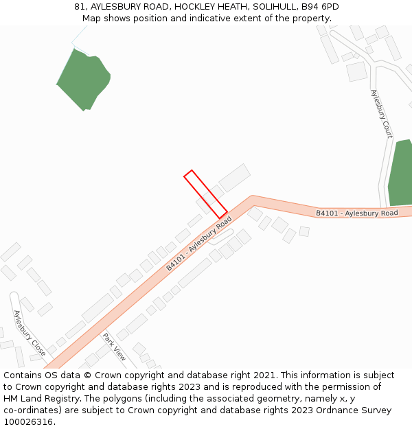 81, AYLESBURY ROAD, HOCKLEY HEATH, SOLIHULL, B94 6PD: Location map and indicative extent of plot