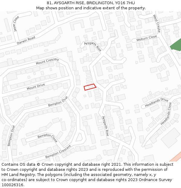81, AYSGARTH RISE, BRIDLINGTON, YO16 7HU: Location map and indicative extent of plot