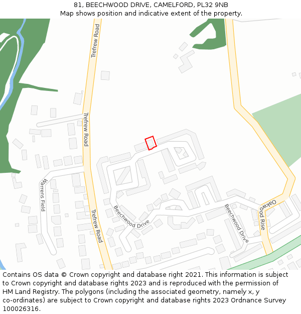 81, BEECHWOOD DRIVE, CAMELFORD, PL32 9NB: Location map and indicative extent of plot