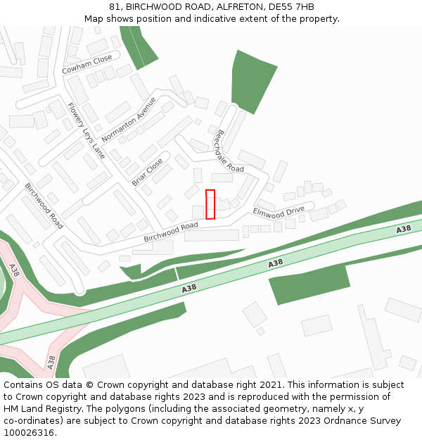 81, BIRCHWOOD ROAD, ALFRETON, DE55 7HB: Location map and indicative extent of plot