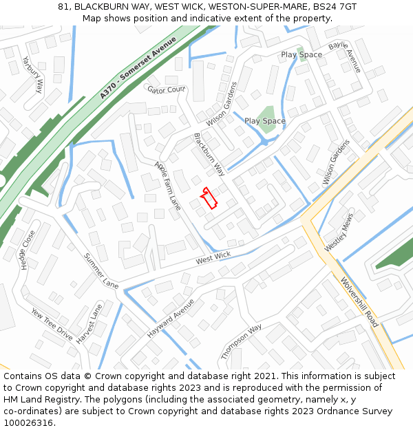 81, BLACKBURN WAY, WEST WICK, WESTON-SUPER-MARE, BS24 7GT: Location map and indicative extent of plot