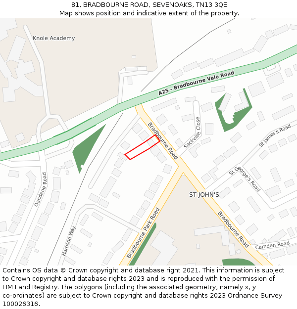 81, BRADBOURNE ROAD, SEVENOAKS, TN13 3QE: Location map and indicative extent of plot