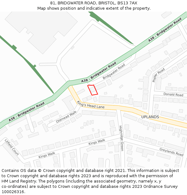 81, BRIDGWATER ROAD, BRISTOL, BS13 7AX: Location map and indicative extent of plot
