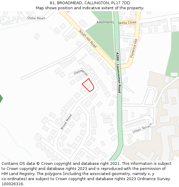 81, BROADMEAD, CALLINGTON, PL17 7DD: Location map and indicative extent of plot