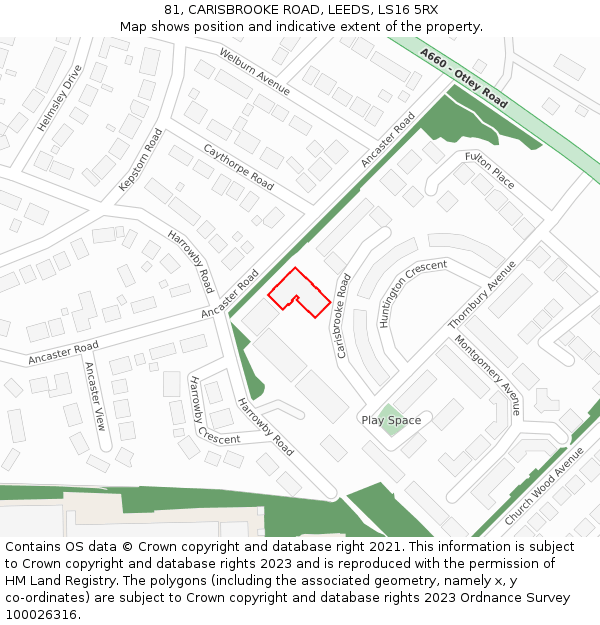 81, CARISBROOKE ROAD, LEEDS, LS16 5RX: Location map and indicative extent of plot