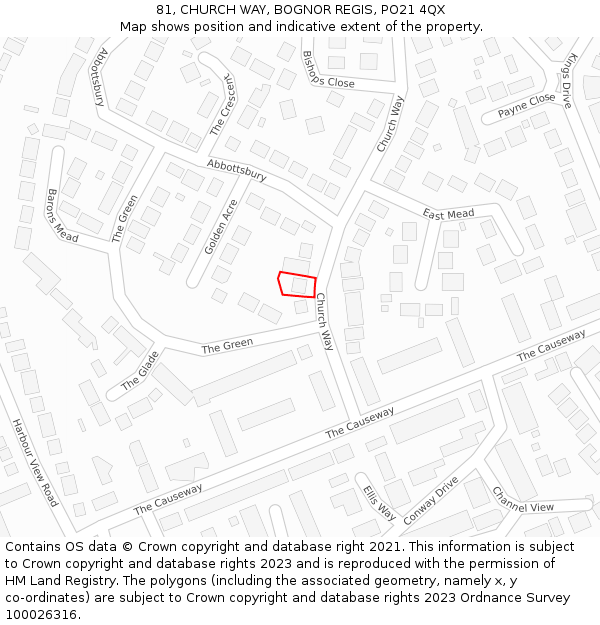 81, CHURCH WAY, BOGNOR REGIS, PO21 4QX: Location map and indicative extent of plot