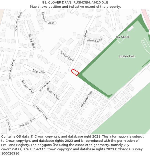 81, CLOVER DRIVE, RUSHDEN, NN10 0UE: Location map and indicative extent of plot