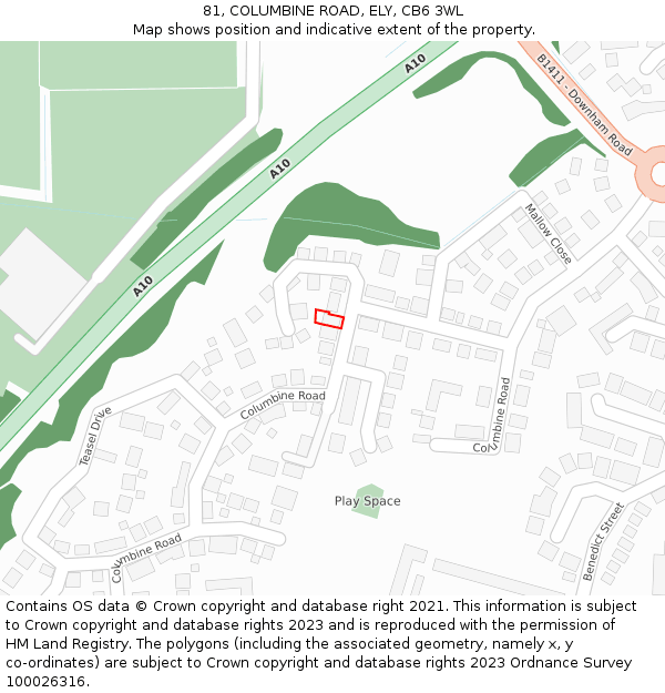 81, COLUMBINE ROAD, ELY, CB6 3WL: Location map and indicative extent of plot