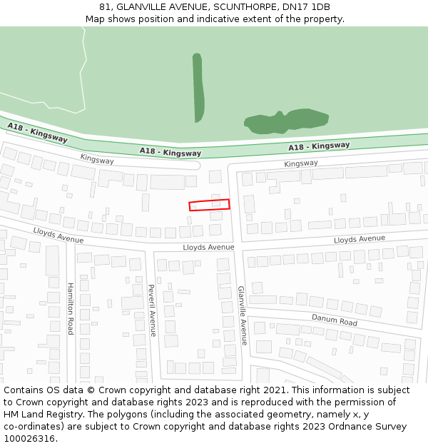 81, GLANVILLE AVENUE, SCUNTHORPE, DN17 1DB: Location map and indicative extent of plot