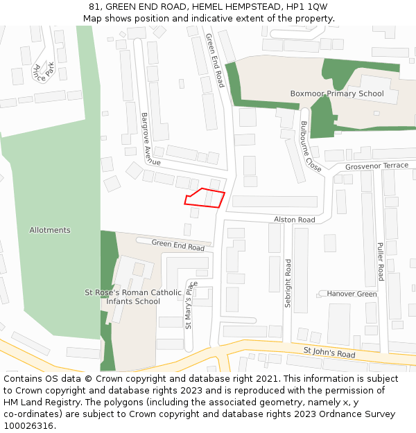 81, GREEN END ROAD, HEMEL HEMPSTEAD, HP1 1QW: Location map and indicative extent of plot