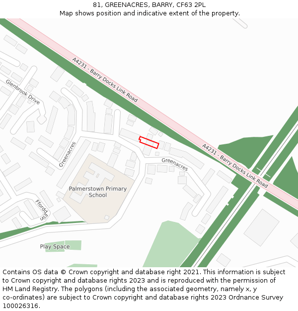 81, GREENACRES, BARRY, CF63 2PL: Location map and indicative extent of plot