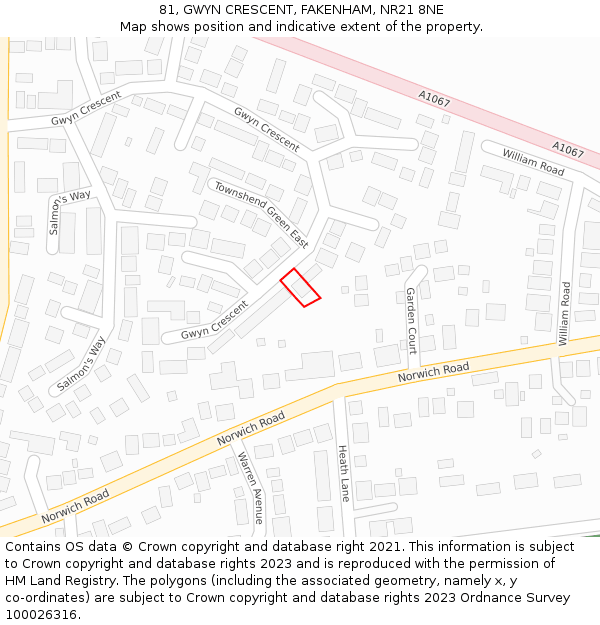 81, GWYN CRESCENT, FAKENHAM, NR21 8NE: Location map and indicative extent of plot