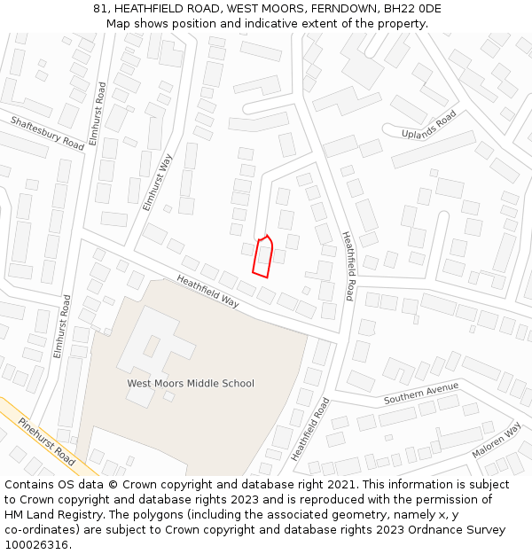 81, HEATHFIELD ROAD, WEST MOORS, FERNDOWN, BH22 0DE: Location map and indicative extent of plot