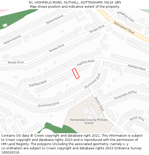 81, HIGHFIELD ROAD, NUTHALL, NOTTINGHAM, NG16 1BN: Location map and indicative extent of plot