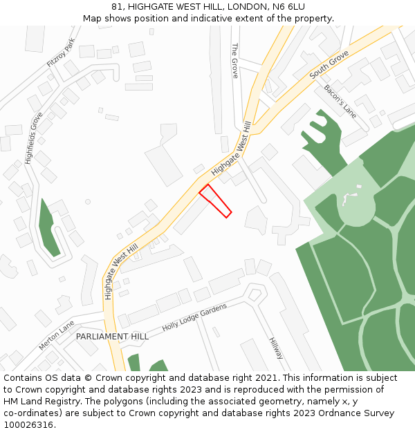 81, HIGHGATE WEST HILL, LONDON, N6 6LU: Location map and indicative extent of plot
