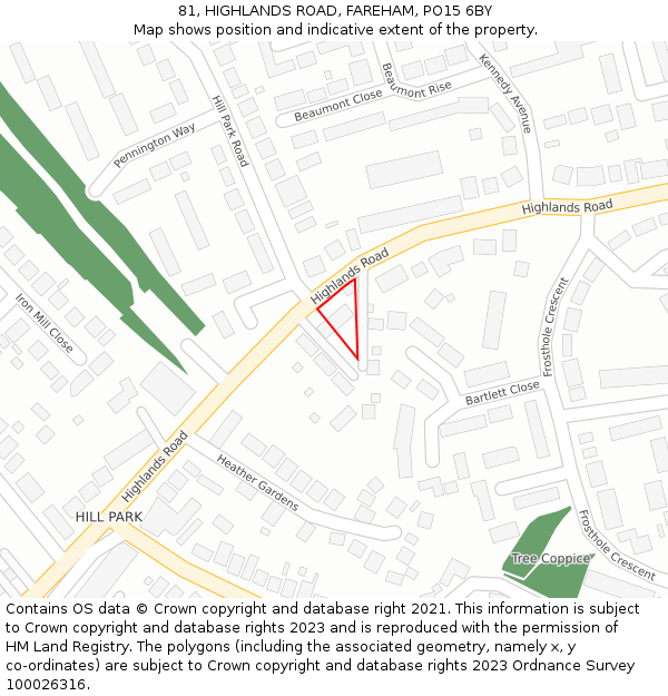 81, HIGHLANDS ROAD, FAREHAM, PO15 6BY: Location map and indicative extent of plot