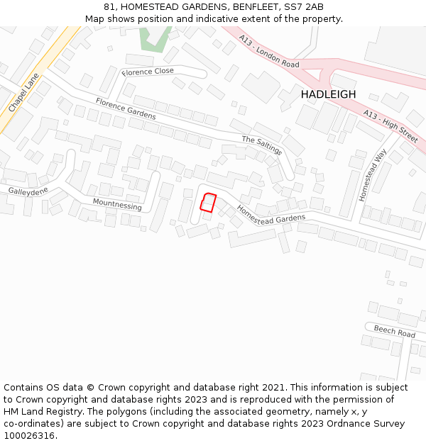 81, HOMESTEAD GARDENS, BENFLEET, SS7 2AB: Location map and indicative extent of plot