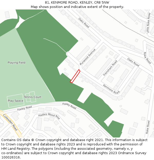 81, KENMORE ROAD, KENLEY, CR8 5NW: Location map and indicative extent of plot