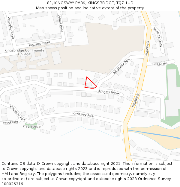 81, KINGSWAY PARK, KINGSBRIDGE, TQ7 1UD: Location map and indicative extent of plot