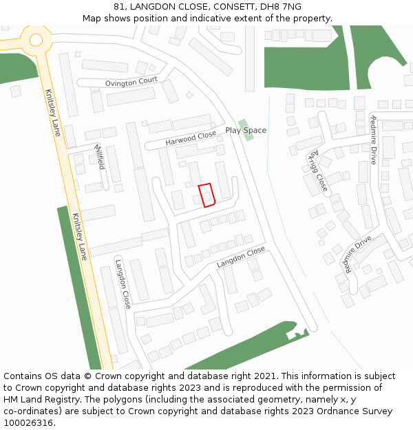 81, LANGDON CLOSE, CONSETT, DH8 7NG: Location map and indicative extent of plot
