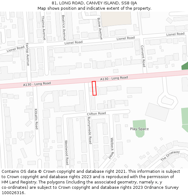 81, LONG ROAD, CANVEY ISLAND, SS8 0JA: Location map and indicative extent of plot