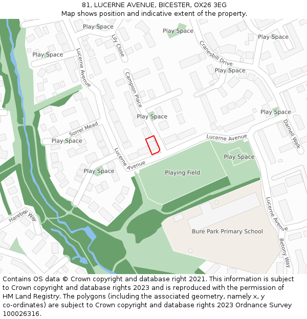 81, LUCERNE AVENUE, BICESTER, OX26 3EG: Location map and indicative extent of plot