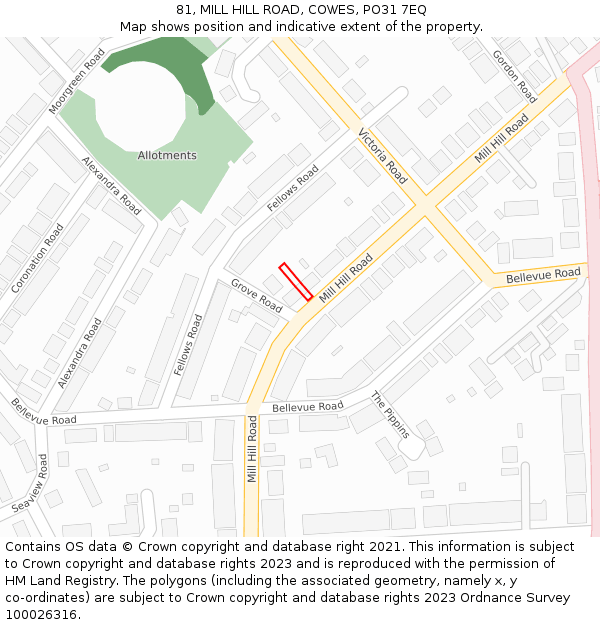 81, MILL HILL ROAD, COWES, PO31 7EQ: Location map and indicative extent of plot