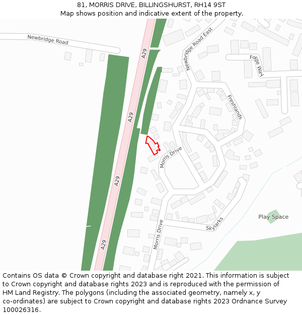 81, MORRIS DRIVE, BILLINGSHURST, RH14 9ST: Location map and indicative extent of plot